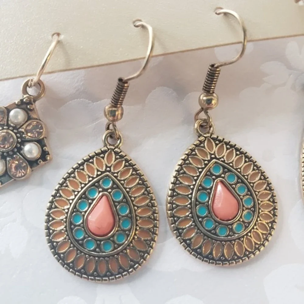 Multi-colored Earrings Set Round‎ Drop-shaped Flower Set Turquoise